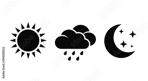 Weather icons depicting sun clouds and moon in dark silhouette