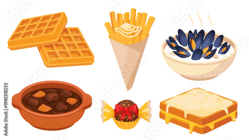 Belgian food vector illustration, featuring waffles, fries, mussels, stew, chocolate, and grilled cheese sandwich