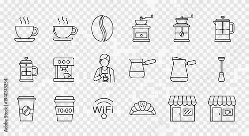 Collection of simple line art coffee related icons and symbols for cafe and coffee shop design and illustration including cups grinders french press coffee maker and croissant