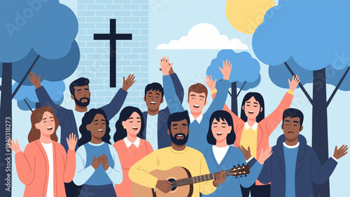 Diverse group of people singing and playing guitar at a christian gathering, vector illustration
