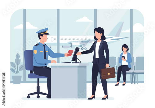 Airport Security Checkpoint Vector Illustration Woman Presenting Passport for Verification
