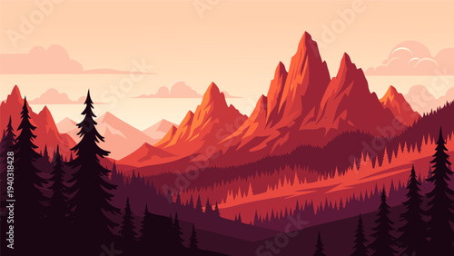 Serene Mountain Range Landscape Vector Illustration, Majestic Peaks at Sunset, Evoking Peace and Tranquility, Artistic Digital Art