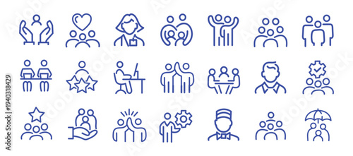Business people, human resources, team work icons pack. Line signs crowd, office worker and employees group, staff people. Thin vector icons set for web and app outline editable stroke. 