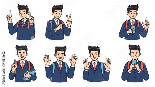 Collection of illustrations featuring a schoolboy in a navy suit with various hand gestures and holding a smartphone.