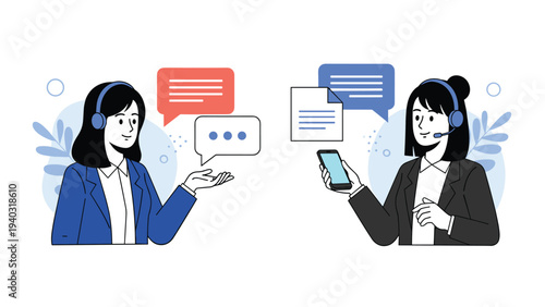 Two female customer service representatives wearing headsets and communicating through chat bubbles and a smartphone.