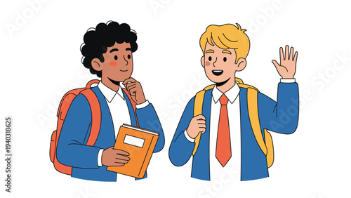 Two male students in blue school uniforms with backpacks talking to each other while one holds a book and the other waves.