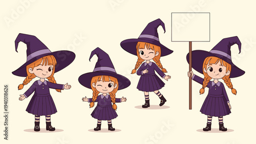 Collection of cute young witch characters in purple dresses and hats showing different poses and holding a blank sign.