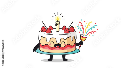 Happy birthday cake character with a smiling face holding a party popper with a lit candle and strawberries on top.