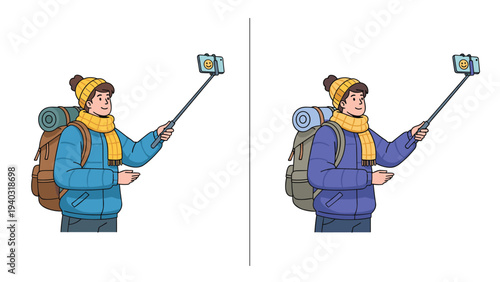 Two versions of a male hiker with a backpack and a yellow scarf using a selfie stick to take a photo with a smartphone.