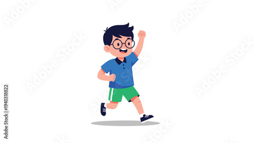 Energetic young boy with glasses wearing a blue shirt and green shorts running fast and cheering with a raised fist in a joyful manner.