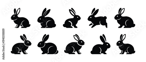 Set of 8 black rabbit silhouettes, isolated on transparent and white background, vector