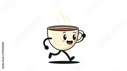 Energetic cartoon coffee cup character with arms and legs running quickly against a white background with steam rising from the top.