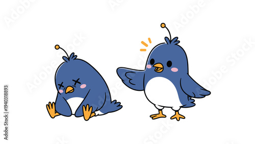 Comparison of two blue cartoon birds where one looks exhausted and tired on the ground while the other stands brightly and alertly.