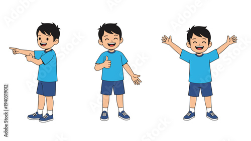 Set of three illustrations showing a young boy in a blue t-shirt and shorts pointing, giving a thumbs up, and cheering joyfully.