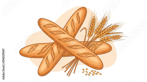 Realistic illustration of three long golden brown baguettes stacked together with stalks of wheat and grains on a soft orange background.
