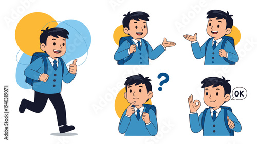 Collection of schoolboy characters in a blue uniform and backpack shown running, thinking, talking, and gesturing with a thumbs up.