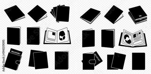 Set of black silhouettes of passport and wallet icons, isolated on transparent background. Open and closed passport, wallet with passport, stack of passports. Travel document concept.