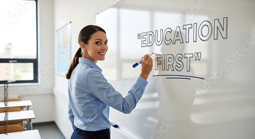 Teacher writes education first on whiteboard in classroom inspiring students for future success