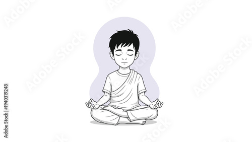 Serene young boy in traditional robes sitting in a cross legged yoga meditation pose with his eyes closed for peace and mindfulness.