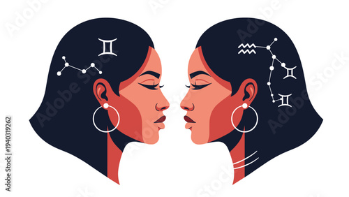Artistic representation of the gemini zodiac sign showing two mirror image female profiles with celestial stars and constellations in their hair.