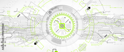 Abstract image of a computer chip in the middle of a wireframe sphere. Vector