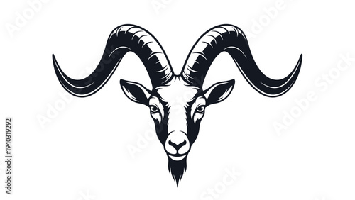 Bold black and white graphic illustration of a goat head with long curved horns and a beard in a detailed traditional style.