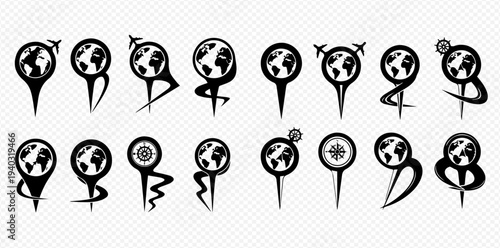 Collection of global map pin icons with various travel and location symbols.