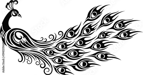 Black silhouette of a peacock with decorative feathered tail isolated on white background beautiful exotic bird vector for logo and tattoo design