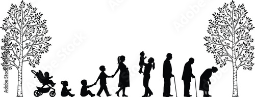 Black silhouette of human life cycle stages from baby in stroller to elderly seniors with trees, aging process concept, isolated vector illustration