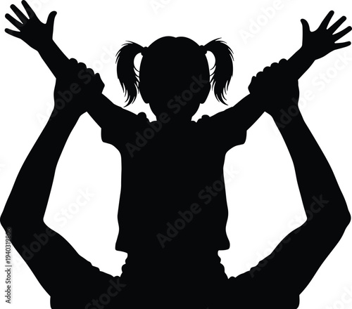Black silhouette of happy young girl sitting on father shoulders with arms raised, family love and parenting concept, isolated vector on white