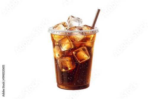 Iced coffee cup isolated PNG, with visible ice cubes and straw on transparent background