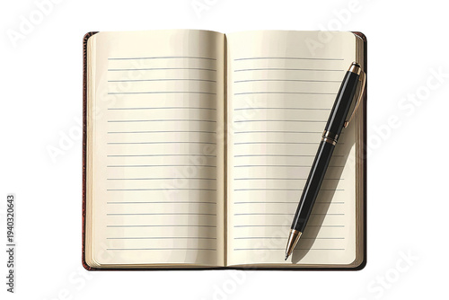 Open lined notebook isolated PNG, sleek pen resting diagonally across the page on transparent background