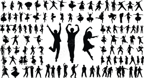 Large set of black dancing silhouettes featuring people in various active poses jumping and celebrating isolated on white background for creative projects.