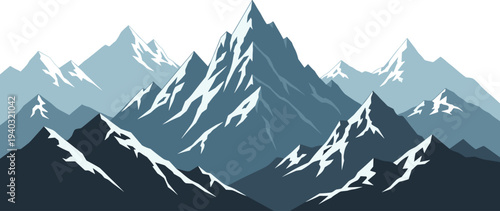 Mountain, range, peaks, snow, winter, alpine, landscape, nature, adventure, outdoors, wilderness, blue, cold, summits, hiking, tourism, travel, climbing, high, rocky, scenery, vector.