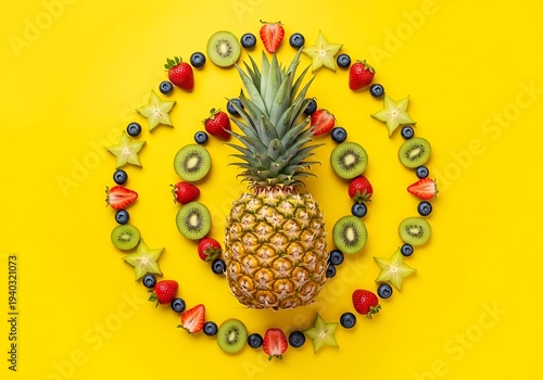 Vibrant fruit arrangement with pineapple centerpiece on yellow