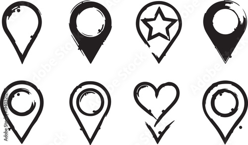 Collection of eight hand painted black map pin location markers and hearts on transparent background