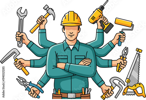 Professional handyman in hard hat with multiple arms holding various construction tools isolated on white background for home repair and renovation services