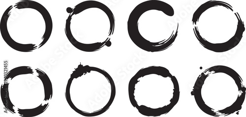 Eight black brush stroke zen circles on transparent background abstract art design elements