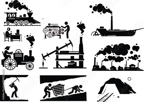Set of black icons representing industrial revolution history, vintage steam engine train, factory pollution, coal mining workers, and old mechanical machinery vector
