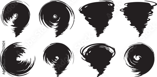 Eight black tornado and vortex brush stroke elements on transparent background, abstract swirling shapes