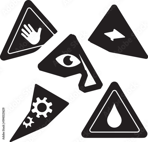 Collection of Hazard Warning Icons: Hand Stop, Eye Watching, Left Arrow, Gear, Water Drop