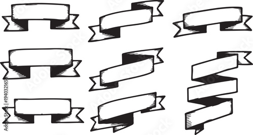 Group of nine hand drawn ribbon banners with text space for design purposes and vintage retro style on transparent background