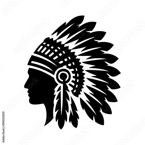 Logo jefe indio americano con tocado de guerra. Icono con cabeza de guerrero indio con tocado tradicional de plumas, de perfil 