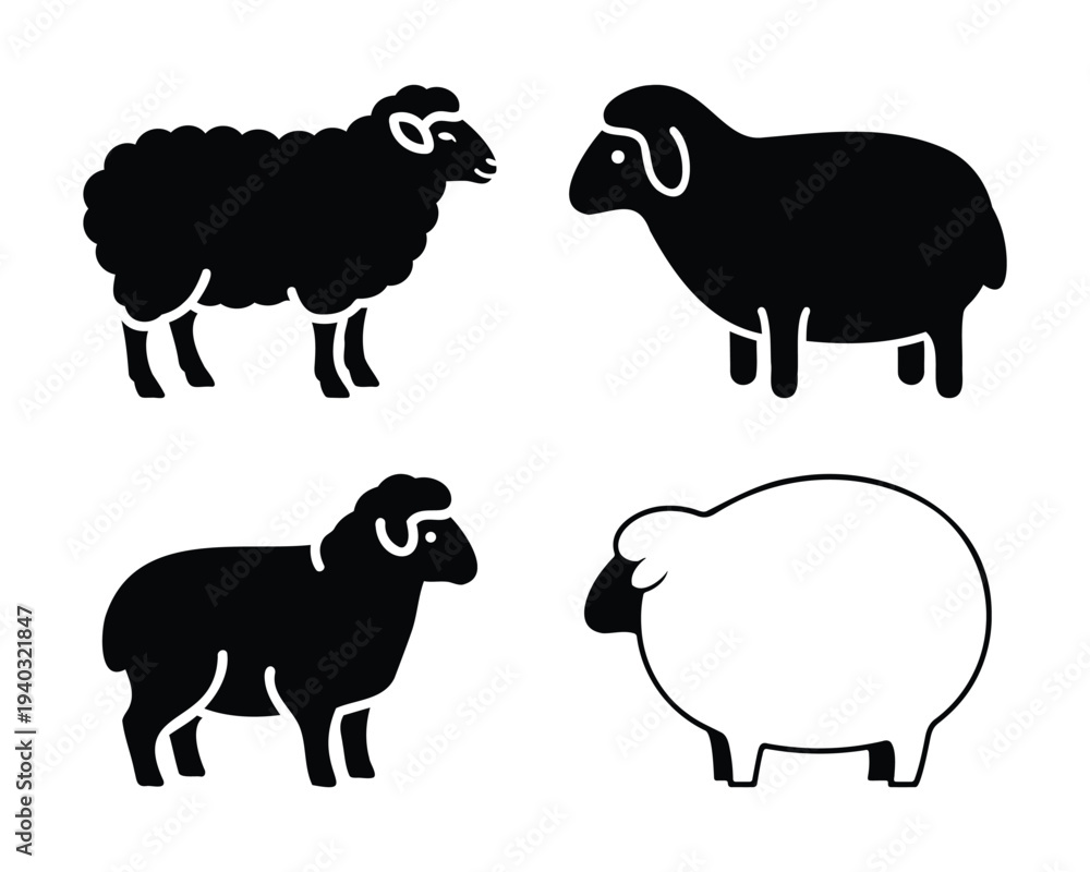 Obraz premium Set of 4 sheep silhouettes icons, isolated on transparent and white background, vector