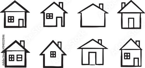 Minimalist hand drawn house icons set with windows doors and chimneys for real estate and home property concept design