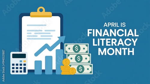 April is financial literacy month concept with calculator bar chart clipboard stacked coins and banknotes illustrating financial planning and money growth strategy
