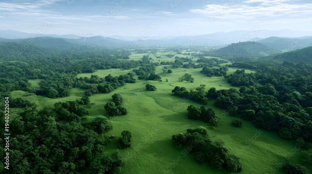 Obraz premium Expansive aerial view of vibrant green rolling hills and lush forests bathed in soft clear light suggesting natural beauty and growth