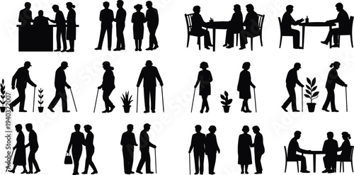 Set of black silhouettes of elderly people, senior men and women walking with canes, sitting at tables, talking, and retirement home activities