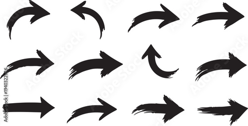 Set of black hand drawn arrow icons with brush stroke texture and curved shapes pointing in various directions on grey