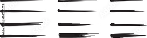 Set of black hand drawn brush strokes and artistic lines for creative design projects on transparent background isolated